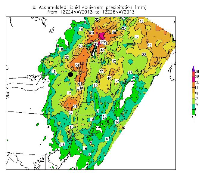 Figure 7. Stage-IV total accumulated precipitation (mm) from 1200 UTC 24 May 2013 through 1200 UTC 26 May 2013.