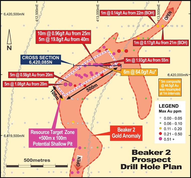 Viking Gold Project Beaker 2 Prospect Significant wide zone of near-surface oxide mineralisation intersected +100m wide