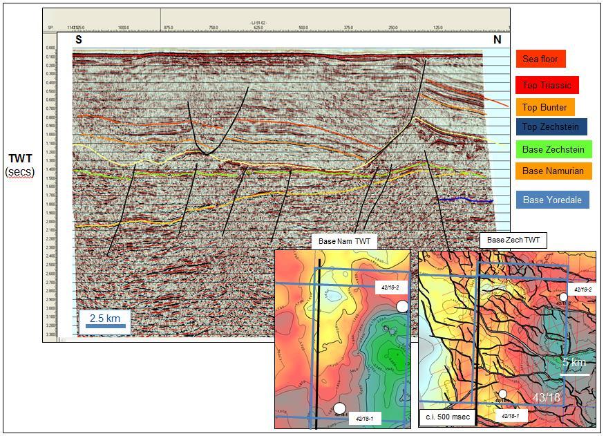 Figure 5-2D seismic line LJ 91-02 running S N across P1741 showing the seismic interpretation at the time