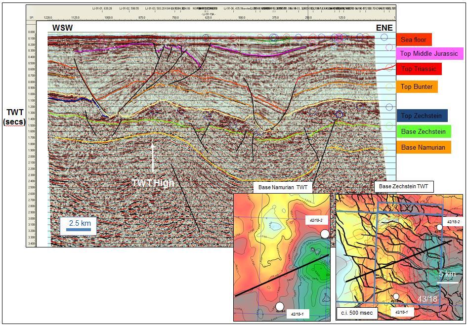 . Figure 3-2D seismic line LJ 91-19 running WSW ENE across P1741 showing the interpretation and the Base Namurian TWT high (Lochran
