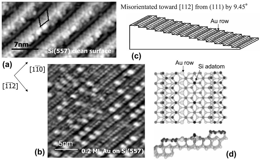 390 SURFACE ONE-DIMENSIONAL STRUCTURES VOL. 45 FIG. 3: Si(557)-Au surface. STM images of clean Si(557) surface (a) and of Au of 0.2 ML adsorbed Si(557) surface (b) [18].