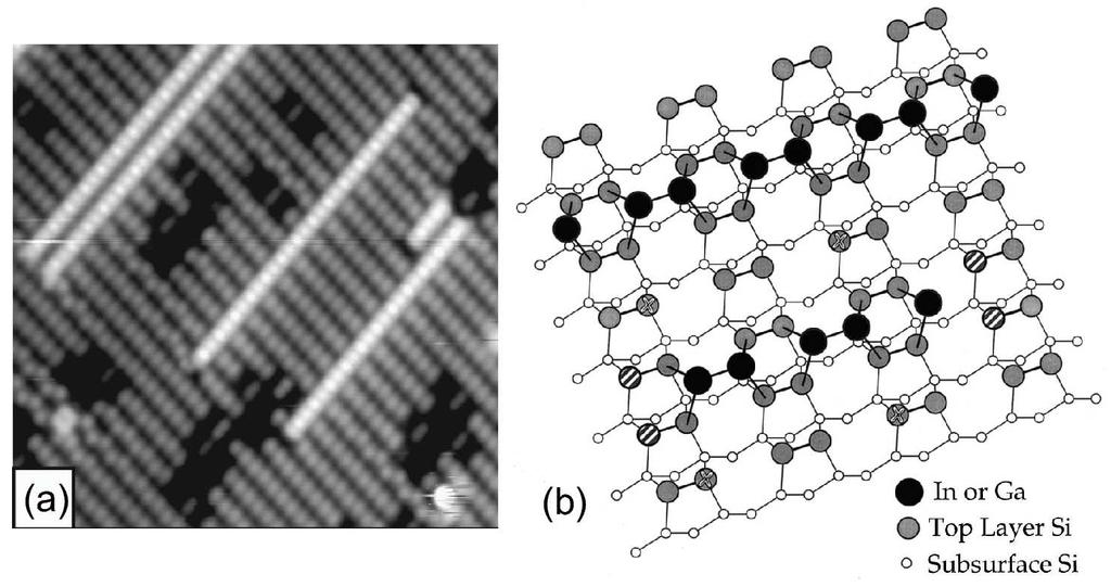 392 SURFACE ONE-DIMENSIONAL STRUCTURES VOL. 45 FIG. 5: (a) STM image of In atomic chains on a Si(001) surface, and (b) a model of its atomic arrangement, reproduced from Ref. [23].