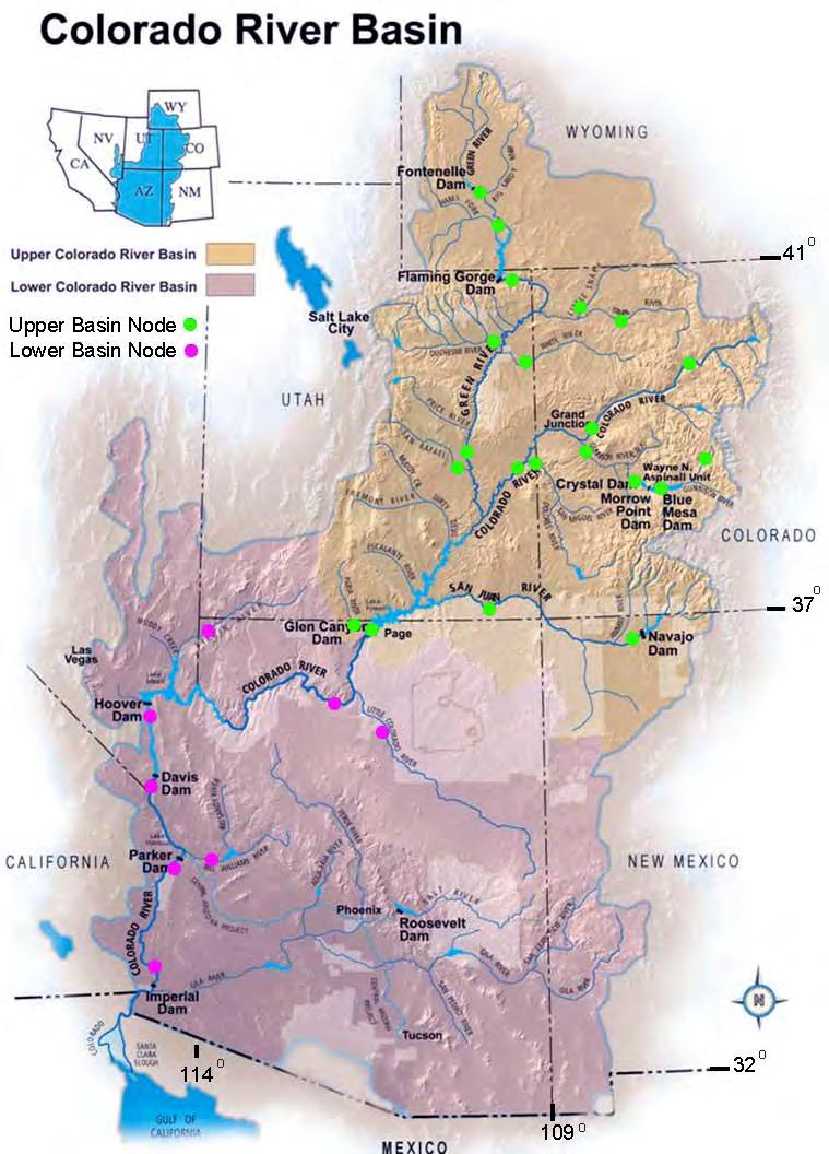 Colorado River Basin Overview 7 States, 2 Nations Upper Basin: CO, UT, WY, NM Lower Basin: AZ, CA, NV Fastest Growing Part of the U.S. Over 1,450 miles in length Basin makes up about 8% of total U.S. lands Highly variable Natural Flow which averages 15 MAF 60 MAF of total storage 4x Annual Flow 50 MAF in Powell + Mead Irrigates 3.