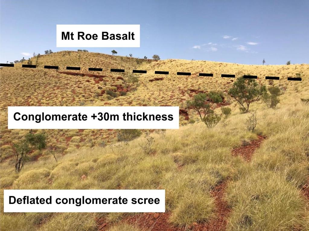 Target 2 At this locality, the conglomerate unit is exposed immediately below a mesa approximately 300 metres long and 150 metres wide.