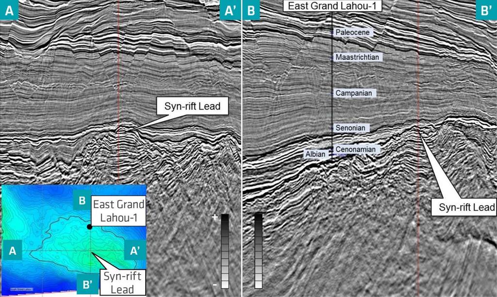 Figure 4: MC3D CDI Blk 705/706 conventional data (reprocessed in 2014) showing syn rift lead and the location of East Grand Lahou 1X.