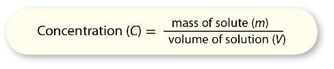 To calculate concentration, you must know both the mass of solute and the volume of solution that contains this mass, and then, divide the mass of solute by the volume of solution.