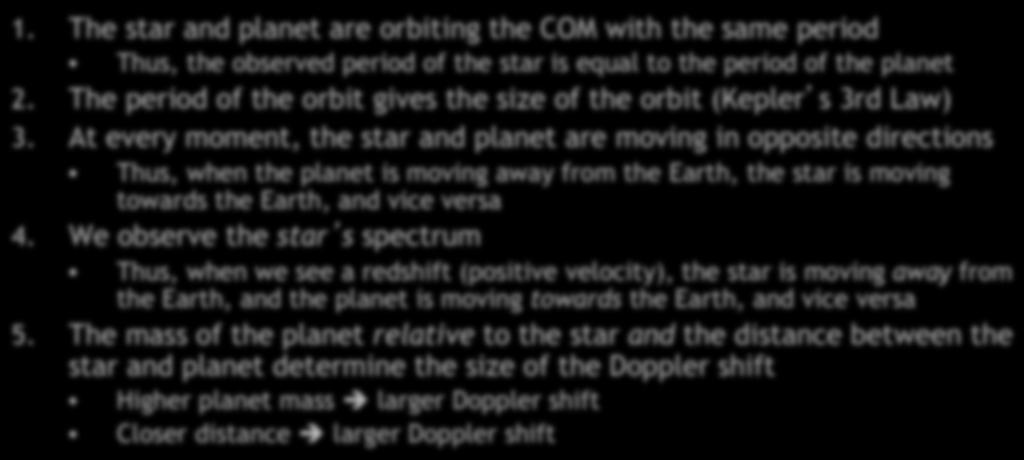 Summary of Doppler Technique 1. The star and planet are orbiting the COM with the same period Thus, the observed period of the star is equal to the period of the planet 2.