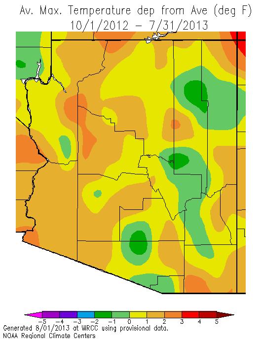 2013 Water Year Minimum temperatures continue to be within 2 o F of normal across the state, with the cooler locations in Coconino, Apache, Navajo, and western Pima counties.