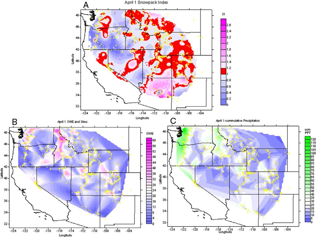 27 Figure 5 Spatial representation of SI (a), and the standard deviations of snow water equivalent (SWE) (b), and cumulative winter precipitation (c) as of April 1.