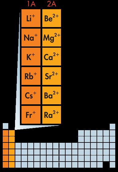 Formation of Cations The figure at right lists the symbols of the cations formed by metals in Groups 1A and 2A.