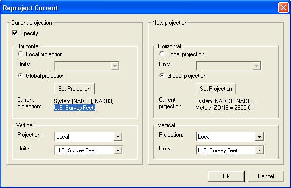 Reprojecting Coordinates and Changing Datums Object Projection tells SMS the present projection. Checking Specify Project Projection is used to change the projection.