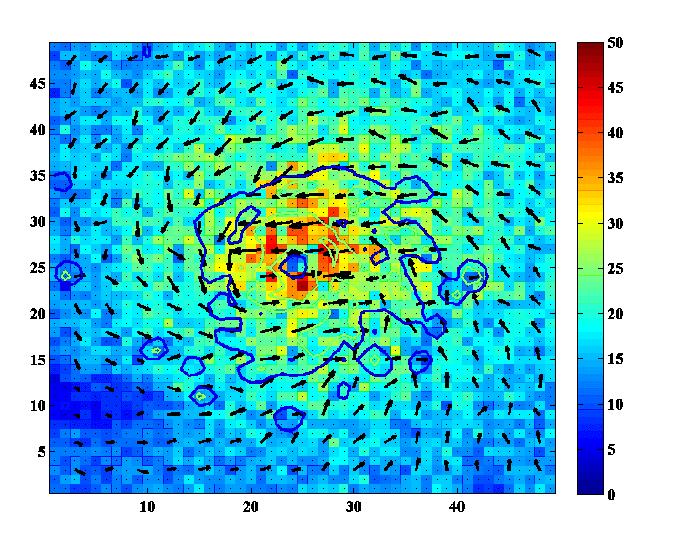 Fig. 3 (a) Hurricane Frances Nature-run OVW s with rain contours. Fig. 3 (b) Simulated QuikSCAT OVW overlaid with nature-run rain contours.