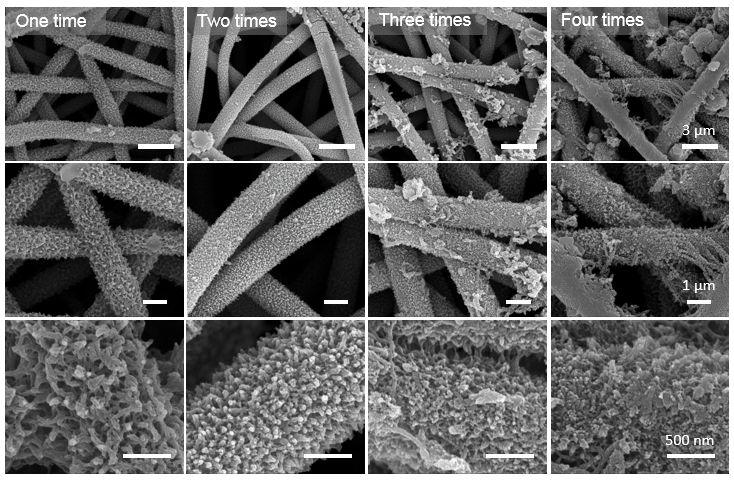 Figure S4. SEM images of PANI/CF cathodes produced as a function of number of coating cycles at - 20 C and 12 h reaction time.