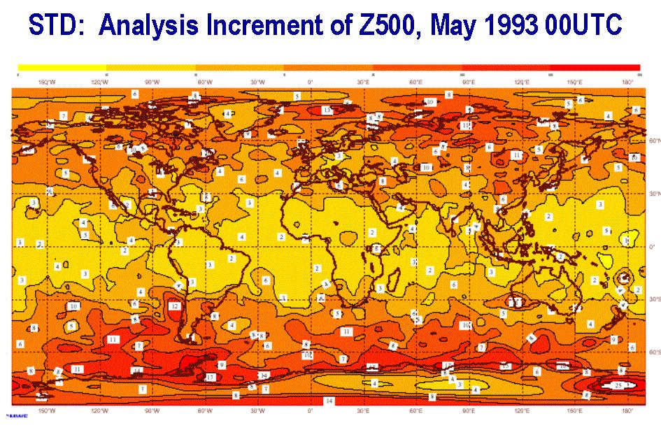 Figure 6 Standard Deviation of 500 hpa height increment: May 1993 - Figure 7 shows the difference between the monthly mean temperature analysis and monthly mean first guess temperature as a