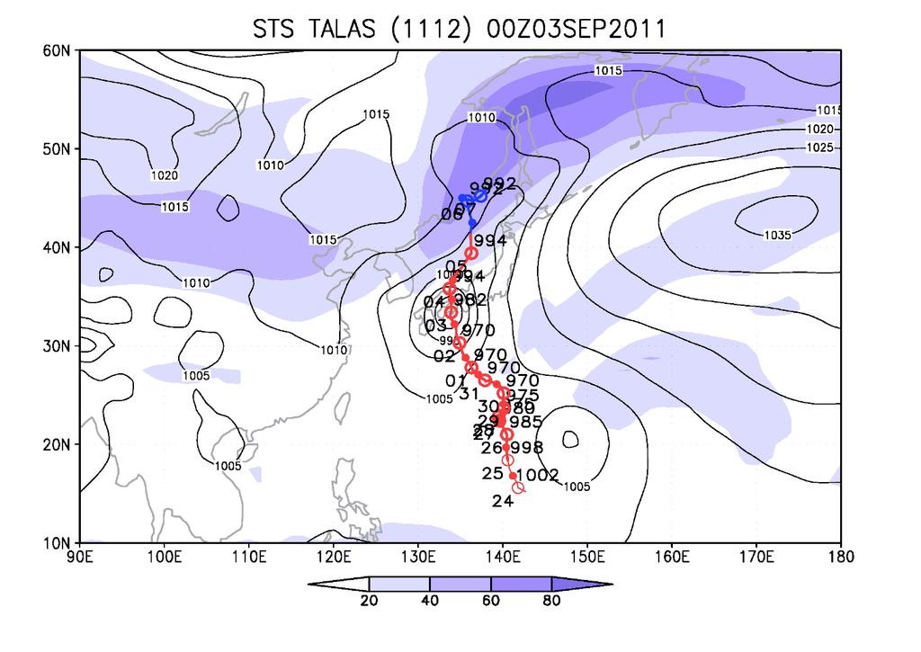 Three landfalling TCs in 2011 (2): STS Talas 00z01Sep2011 200hPa wind(m/s) Severe