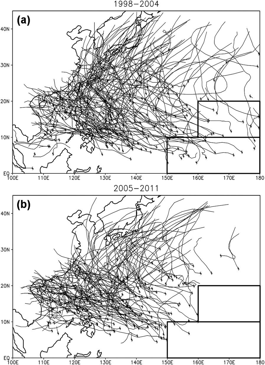 2618 J O U R N A L O F C L I M A T E VOLUME 26 FIG. 4. Tracks of tropical cyclones with at least tropical storm intensity for the years (a) 1998 2004 and (b) 2005 11.