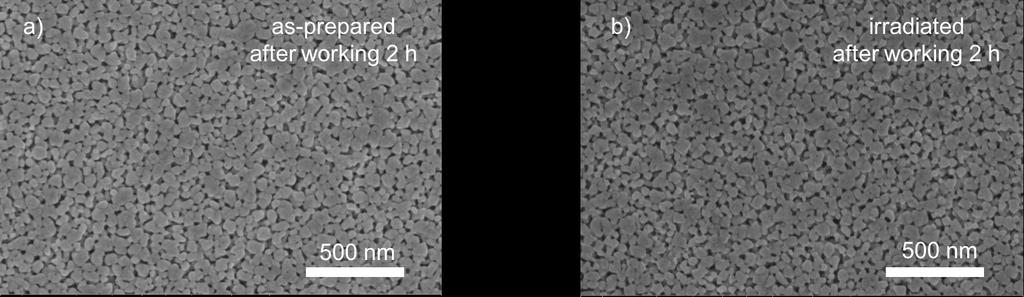 Figure S6 SEM images of as-prepared (a) and irradiated (b) WO 3 after PEC working for 2 h at 1.23 V vs. RHE.