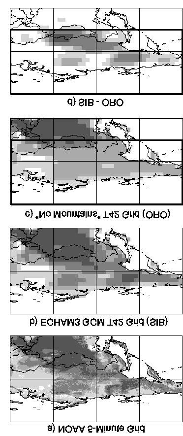Figure 1. Land surface orography over Siberia. Shading represents 50-200 m (lightest), 200-400 m, 400-1000 m, 1000+ m (darkest). a) NOAA 5-minute gridded data.