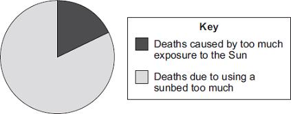 The pie chart compares the number of deaths in Britain each year which may have been caused by using sunbeds too much, with