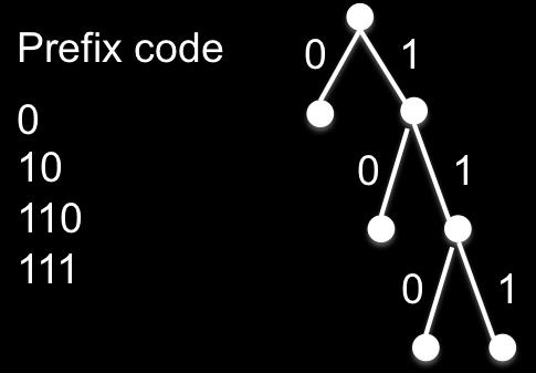 Lecture 0: Oct 3 0-3 correspond to code words because that would violate the prefix property, since the code for the internal node will be the prefix for the code of any leaf that is a descendant of