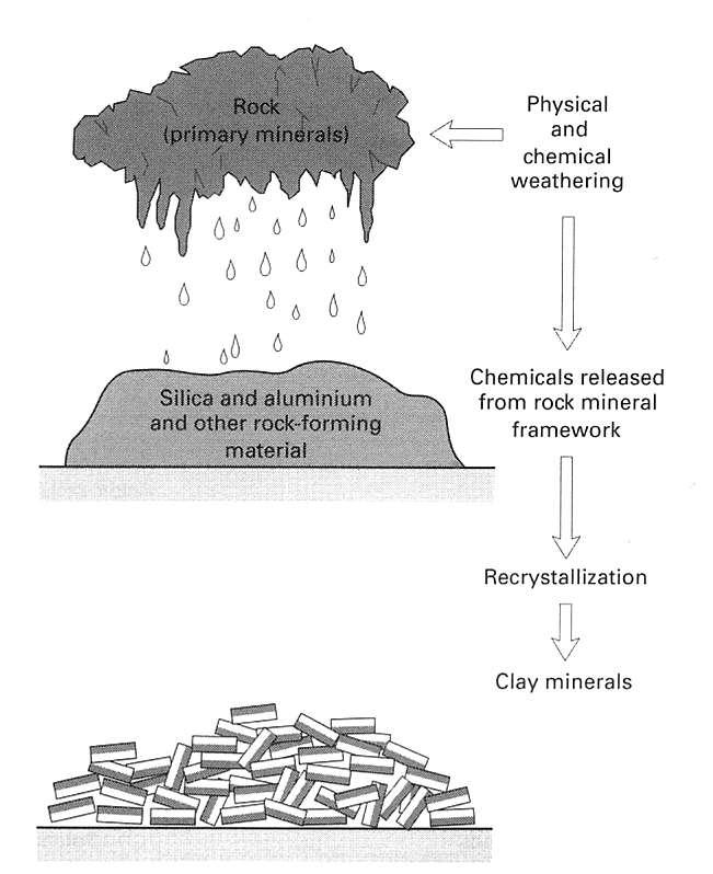 Rocks dissolve and recrystallize Primary rock Dissolved minerals Physical + Chemical weathering