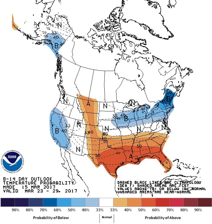 CPC s daily 8-14 day (week-2) outlook 3 category The 8-14 day Outlook gives the confidence that a forecaster has, given as a probability, that the observed temperature, averaged over upcoming days 8,