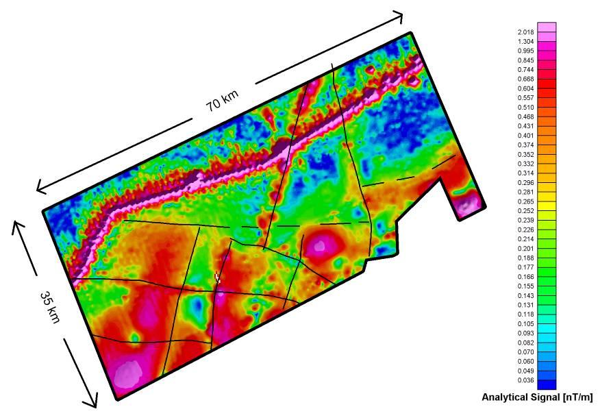 Figure 2: Grid of the 50Hz power line monitor amplitude. Figure 3: Grid of the Magnetic Analytical Signal with delineation of structural features based on magnetic data and derived products.