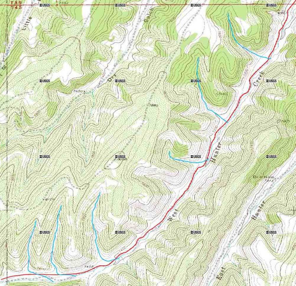 Figure 8. Graphical result of the query in Figure 6. Hunter Creek is shown in red and its tributaries are shown in blue.