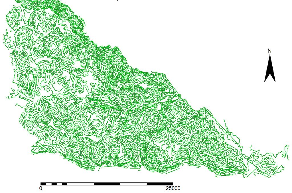 Map 3. Contour map of Irobland with the contour interval (spacing) of 50 meters The closer the contours, the steeper the slopes (cliffs) and the wider the contour lines, the flatter the areas are.