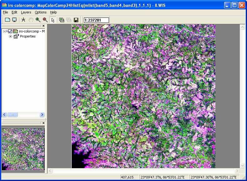 IRS-1D multiband imagery was imported to ILWIS and processed using image processing tools. False Color Composits (FCC) were generated (Fig.