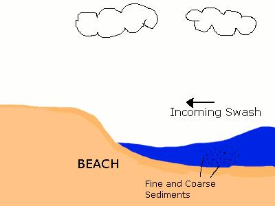 The swash throws sediments onto the beach.