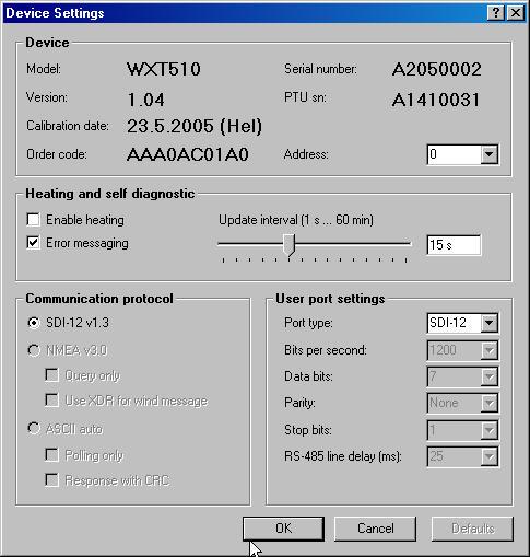 Appendix A. Configuring the WXT510 6. Go to the Device Settings Screen and enter the settings for each of the parameters (see Figure A-2).