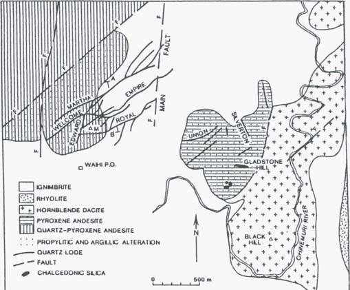 1% Figure 2. Geological map of Waihi showing mineralised vein systems in the area (veins projected to surface). The Martha mine is the western system and Gladstone Hill is the system.