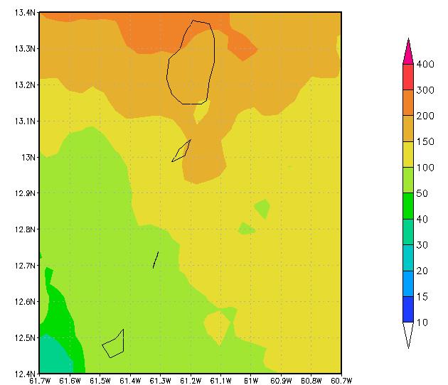 While satellite-derived values are on average between 150 and 200 mm with a small area between 200 and 300 mm, WRF1 values range from 50 to 300 mm.