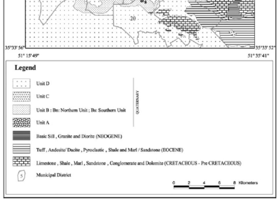 The study area and PGA distribution throughout Tehran for an earthquake corresponding to 75 year return period [] Unit Period Formation Constituting material Conglomerate with Pilo- The Tehran plain