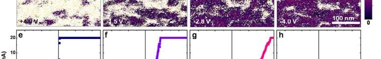 Both the PFM data (Fig. S8a-d) and the I-V data (Fig. S8e-h) are collected from a same Pt top electrode. Please note that our Cypher AFM has a 20 na compliance for I-V measurement. After a +4.