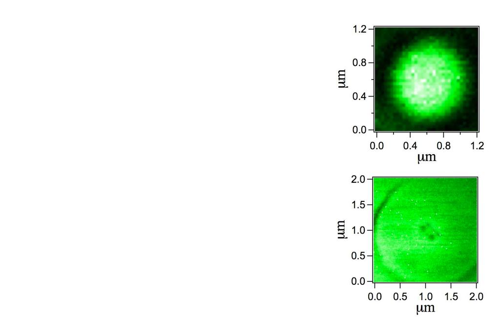 Comparison of luminescence images obtained by a commonly used confocal microscope and a negative Stimulated Emission Depletion (STED) microscope. (a), (d) Focusing spots of excitation beam.