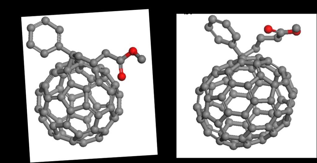 Figure 2.2 Fullerene derivatives PC 61 BM (a) and PC 71 BM (b) are shown above. The derivatives consist of carbon (grey) and oxygen atoms (red). As shown in Figure 2.