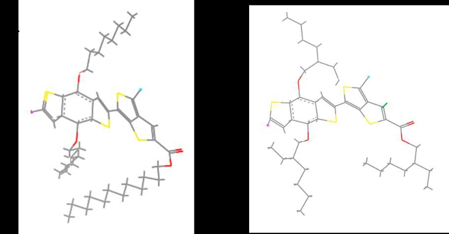 Figure 4.5 Repeat units of PTB1(a) an dptb7 (b) are shown above. The red atoms represent oxygen, the yellow atoms represent sulfur, and the green atom on PTB7 (b) represents fluorine.