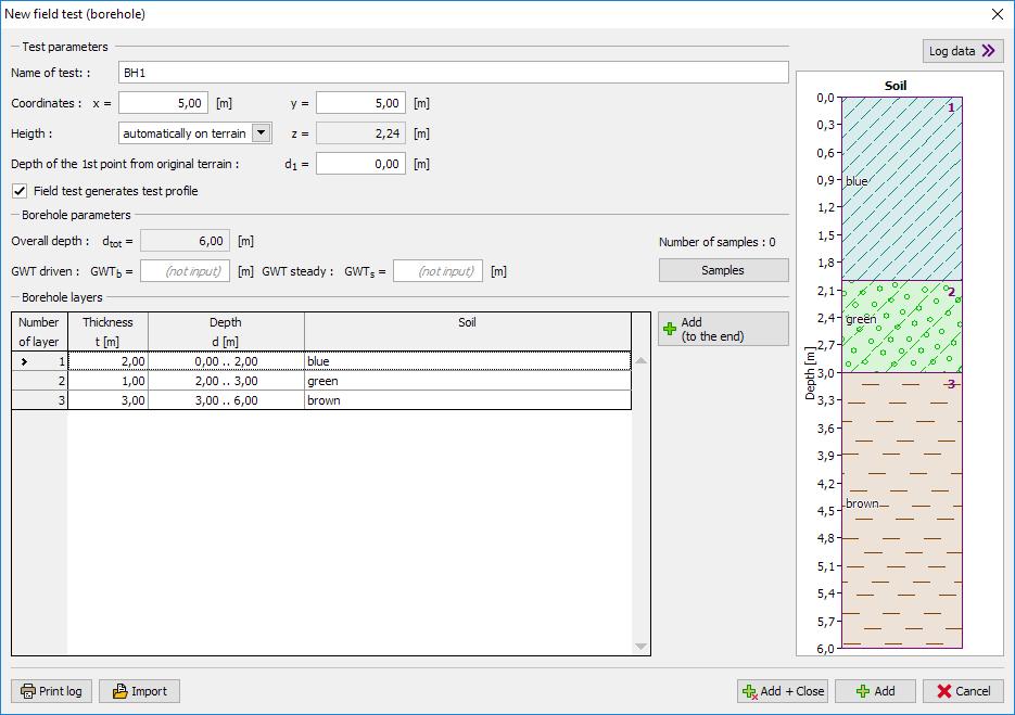 "Soils" frame. The test profile and borehole are created automatically from the test (type borehole).