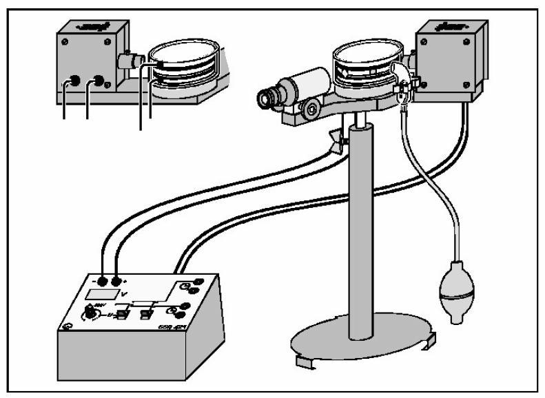 Figure 4: The Leybold Didactic Millikan Oil Drop Apparatus Take a look at the apparatus and identify the following pieces: Two timers: you will use these to measure the fall and rise time of each