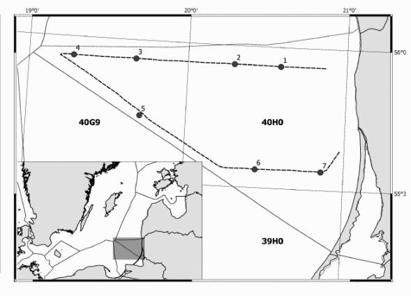 1 pav. Hidroakustinių tyrimų schema ir tralavimų, atliktų 2017 m. laivu MŽTG Darius, vietos Baltijos jūros LIEZ. Tyrimų metodika.