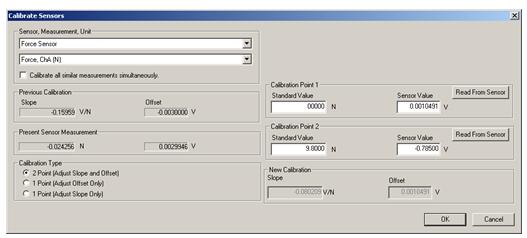 Figure 4: Calibration of force sensor in Data Studio The 2 Point option should be selected as the Calibration Type.