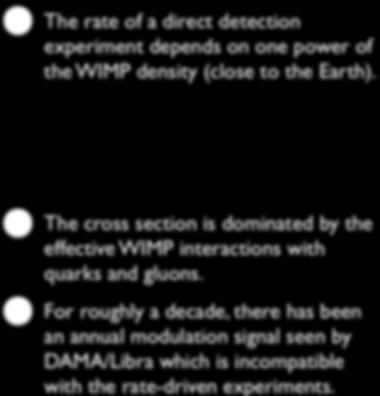 Direct Detection χ χ The rate of a direct detection experiment depends on one power of the WIMP density (close to the Earth).