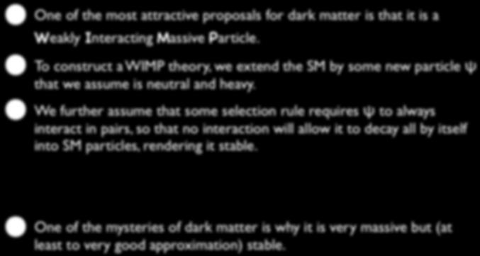 WIMPs One of the most attractive proposals for dark matter is that it is a Weakly Interacting Massive Particle.