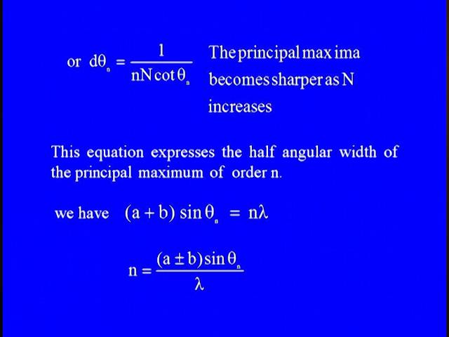 previous two equation we can write sine theta n + - d theta n divided by sine theta n = small n into capital N into lambda + - lambda