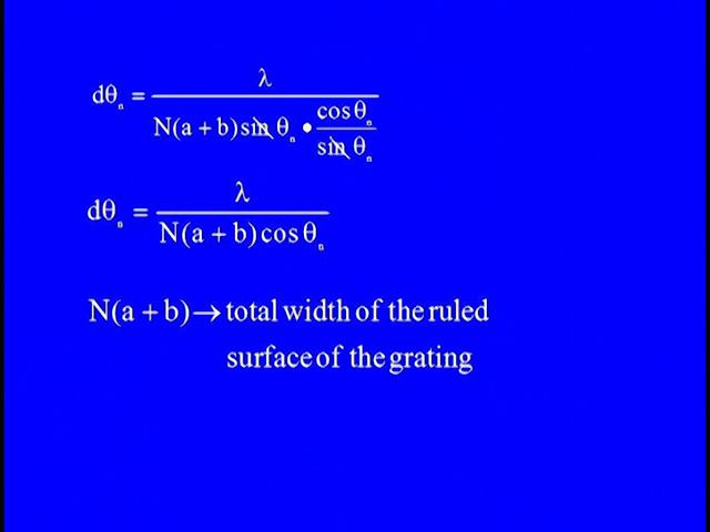 Or we can also write d theta n = 1over a small n into capital N cot theta n this equation expresses the half angular width of the principal maximum of order and we have a +b sine theta n = n lambda.