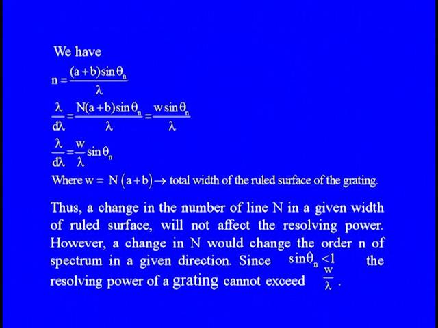 We have small n = a + b sine theta n by lambda so we can also write the resolving power lambda upon d lambda = capital N times a + b sine theta n upon lambda which we can write = W sine theta n by
