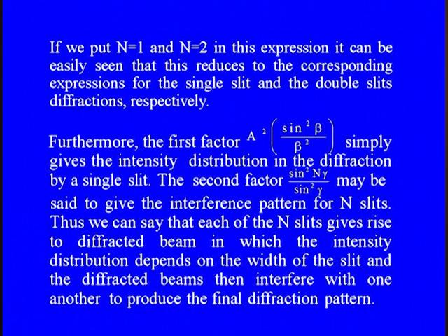 Now here if we put N = 1 and N = 2 in this expression we will find the result which we have already obtained for single slit and double slit diffraction pattern respectively.