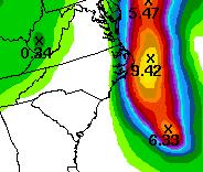 Forecast Rainfall (unchanged) Rainfall Thursday afternoon into Friday Heaviest rainfall along the Outer Banks (3 5 inches with up to 6 inches possible) Rapid decrease in rainfall amounts